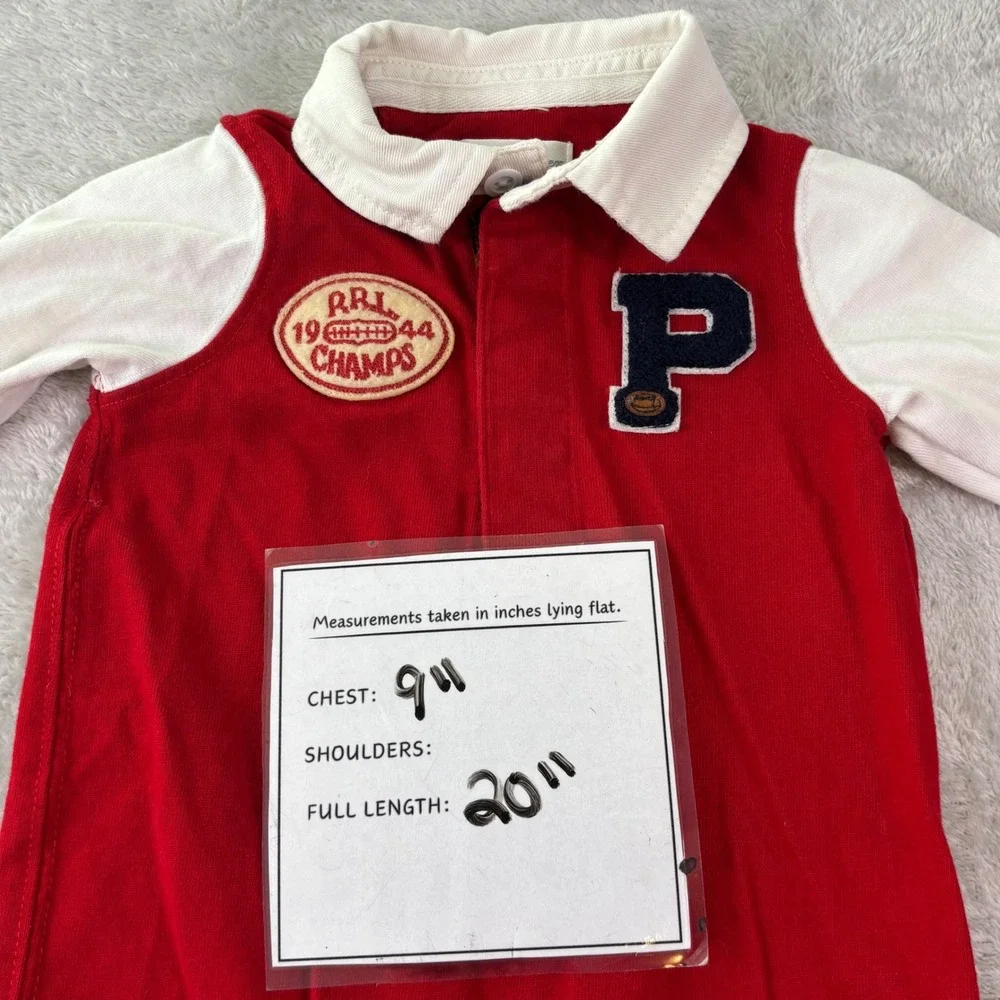 Ralph Lauren Baby One Piece Romper Sz 6M Red White Varsity Patch‎ Long Sleeve